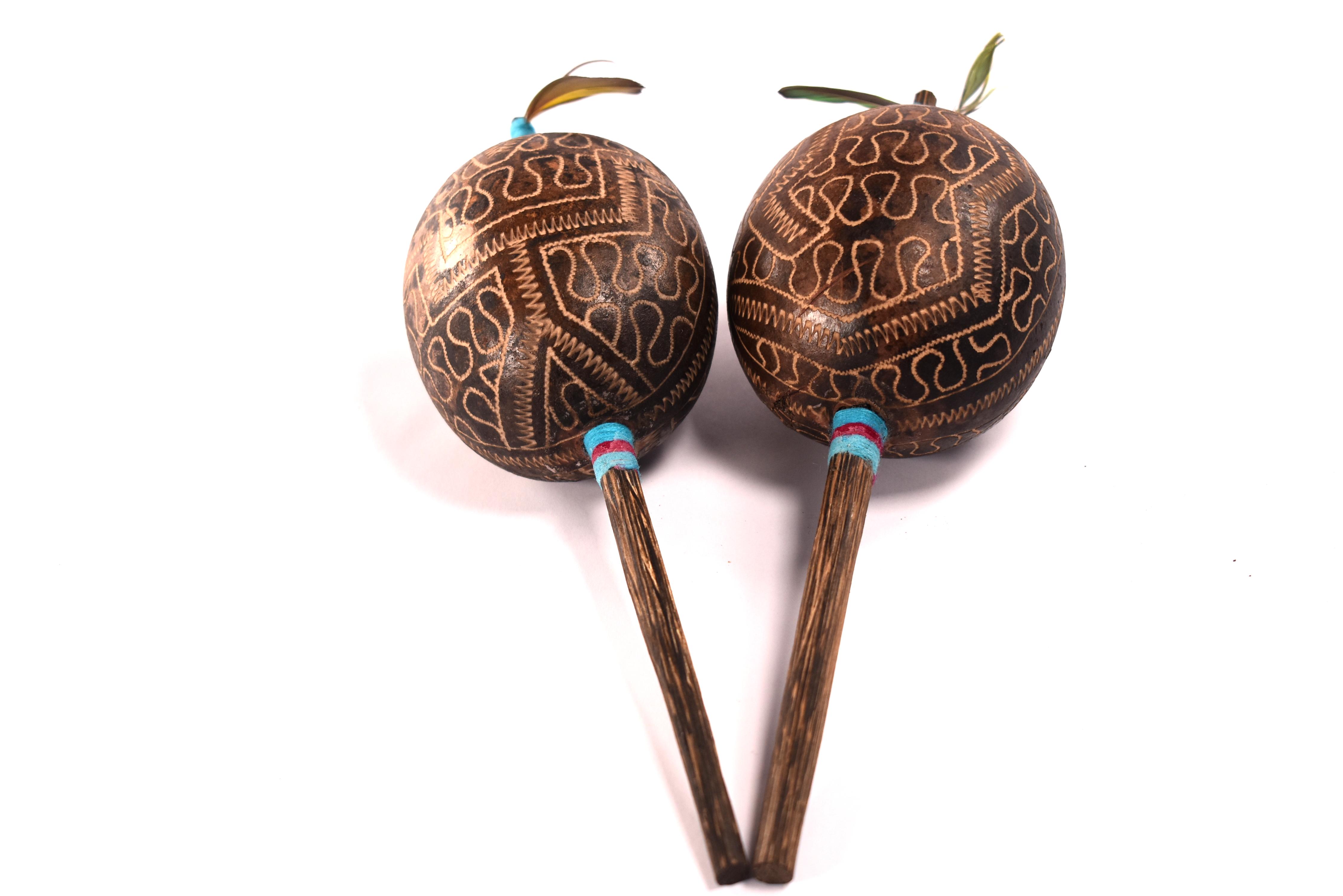 2 Peruvian Amazon Hand-Engraved Shakers